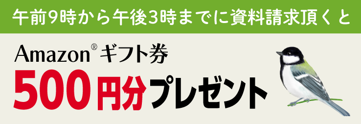 午前9時から午後3時までに資料請求頂くと Amazonギフト券 500円分プレゼント